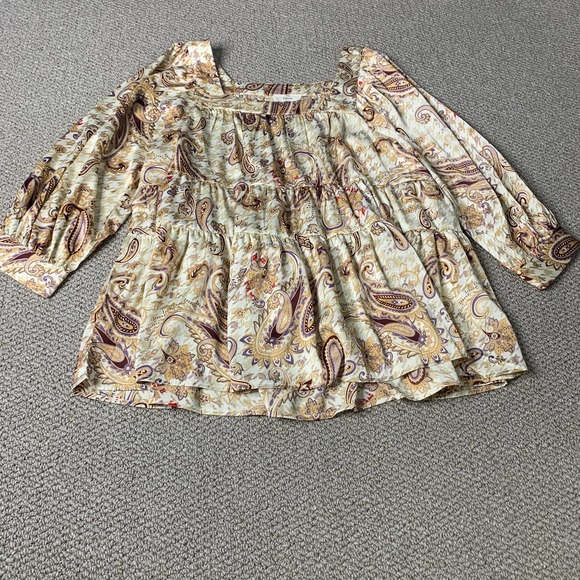 Entro Womens Blouse Size Large Brown Paisley‎ Margo Satin Tiered Babydoll Boho - Picture 1 of 11